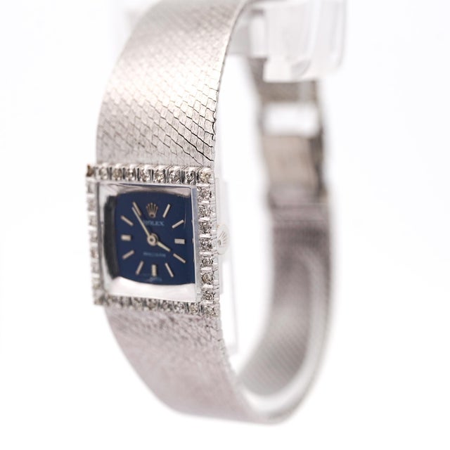 1970s Rolex Precision 2157 Ladies 18k White Gold Diamond Bezel Blue Dial Watch 1972 For Sale - Image 9 of 12