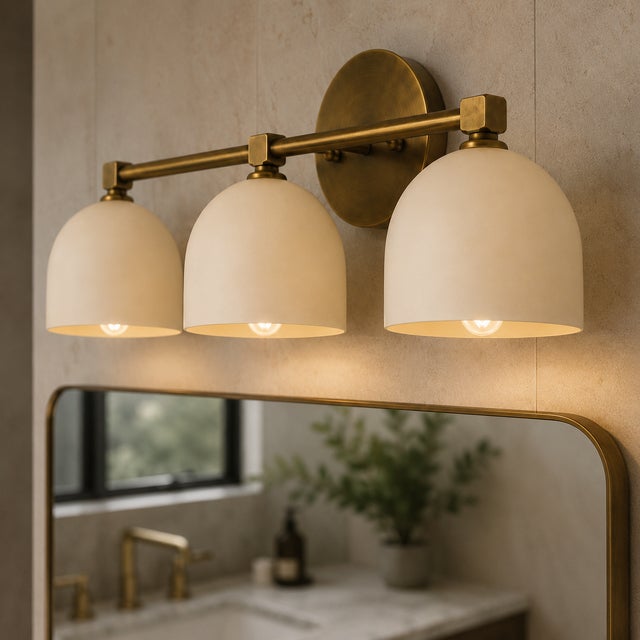 Handcrafted Solid Brass 3-Light Wall Sconce, Antique Brass Vanity Light With White Shades For Sale - Image 6 of 8