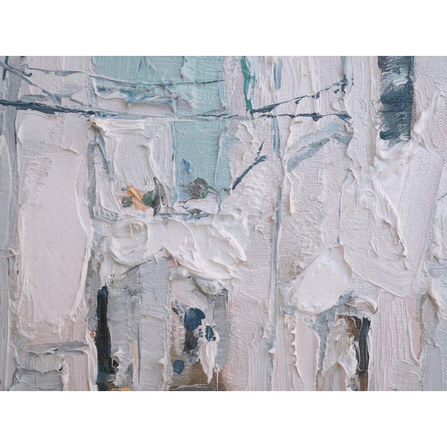 This oil on board artwork captures the essence of Ostuni, Italy, through a textured interplay of soft whites and muted...