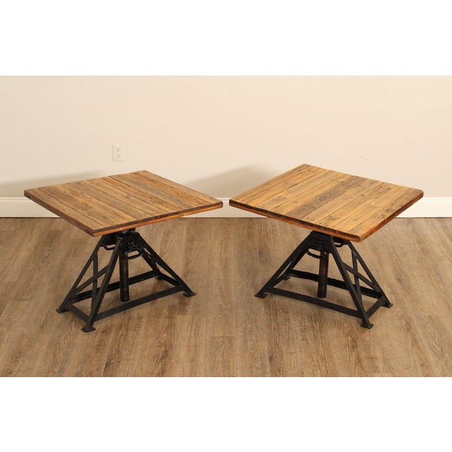 High Quality Vintage Pair of Iron Base Drafting or Pub Tables, Each with Height Adjusting Crank and Plank Top