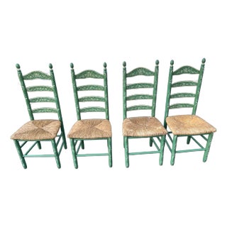 Vintage Green Hand Painted Rush Seat Chairs a Set of 4 For Sale
