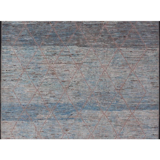 Modern Tribal Rug in Wool With Sub-Geometric Design in Blue Tan & Ivory For Sale - Image 9 of 12