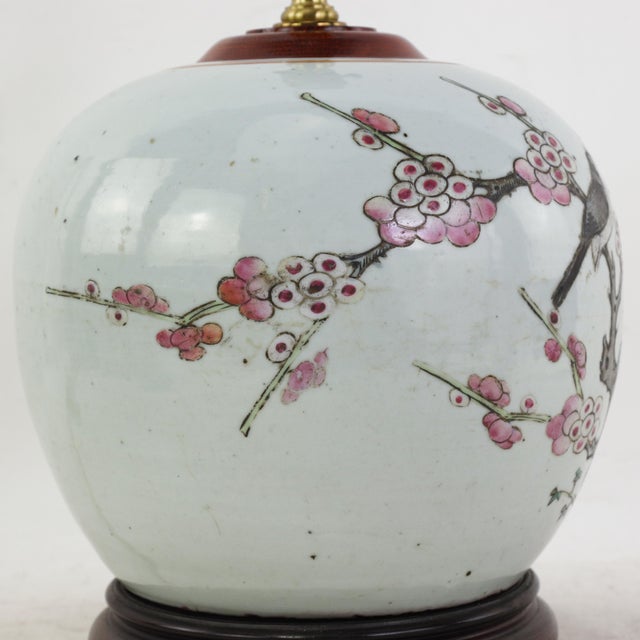 Antique Famille Rose Porcelain Vase Lamp With Birds on Flowering Plum Branches and Rockery For Sale - Image 9 of 14