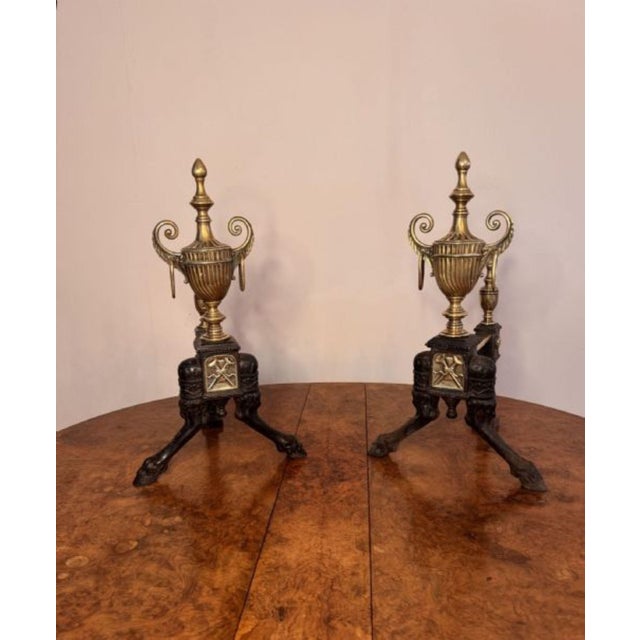 19th Century Antique Victorian Brass and Iron Fire Dogs, 1860, Set of 2 For Sale - Image 5 of 7