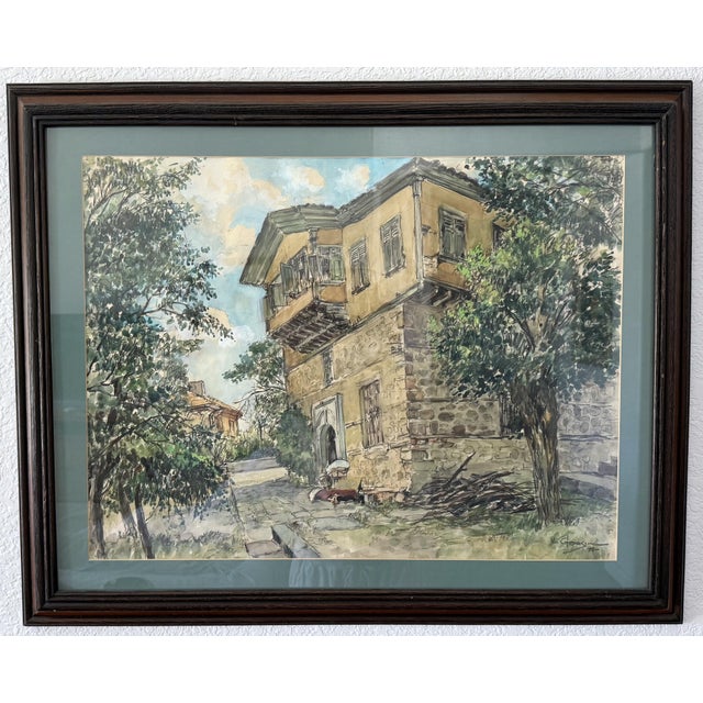 This striking mid-century architectural painting by recognized Turkish artist Nimetullah Gerasim (1904–1986) features a...