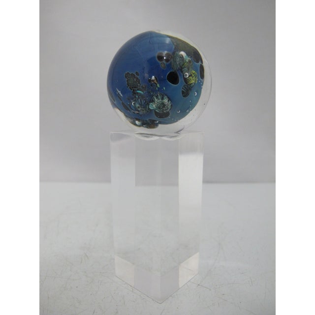 Josh Simpson Inhabited Planet Earth Art Glass Marble Paperweight & Display Stand For Sale - Image 10 of 10
