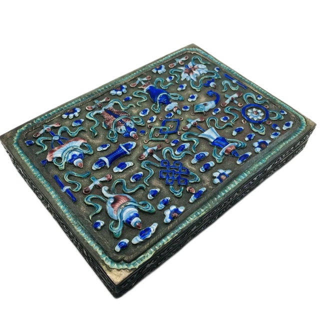 Antique Cantonese Enamel Silver Box With Buddhist Symbols For Sale - Image 4 of 11