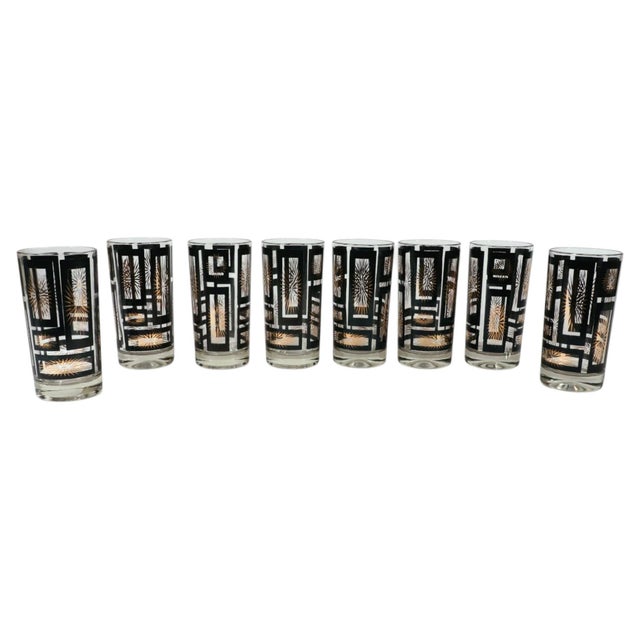 1950s Mid-Century Modern Black and Gold Atomic Starburst Highball Glasses in Holder, Set of Eight - 9 pcs For Sale - Image 10 of 17