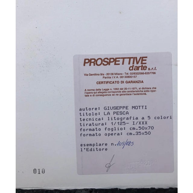 Giuseppe Motti (1908 - 1988) "La Pesca" lithograph. Pencil signed and numbered 105 of 250. Printer's label on the back.