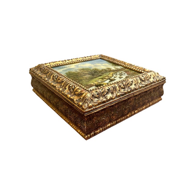 Gold Large Florentine Giltwood Box With J. Van Ruisdael Dutch Landscape Painting. For Sale - Image 8 of 14