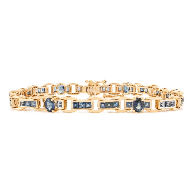 Classic 20th Century 14k Gold 6.39 Ct Blue Sapphire Geometric Link Tennis Bracelet For Sale