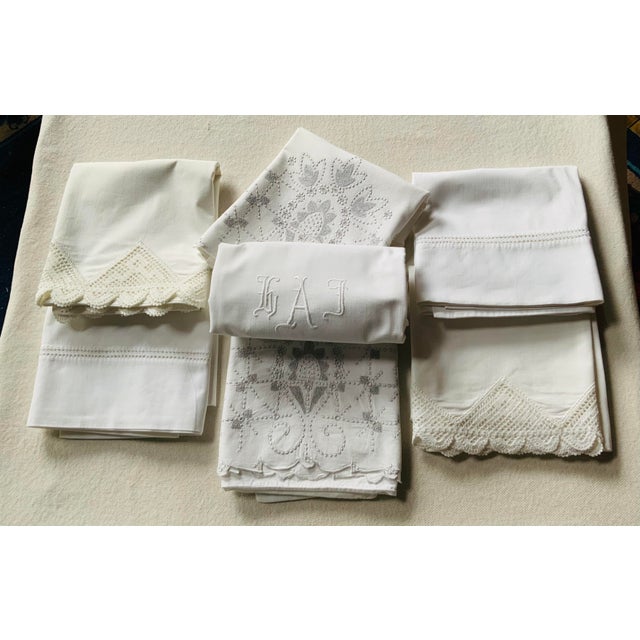 White Set of 7 Antique Linen & Cotton Pillowcases With Lace Trim & Monogram — C. 1920s, Nantucket Estate For Sale - Image 8 of 18