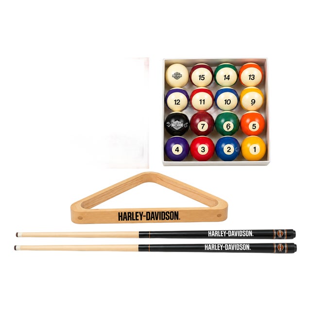 Harley-Davidson Roadhouse Collection Custom Billiard Ball Set With Matching Cues & Triangle – Complete, New For Sale