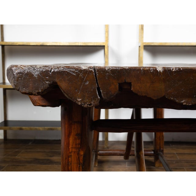 American 1900s Rustic Pine Log Table with Straight Legs and Side Stretchers For Sale - Image 10 of 11