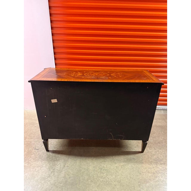 Gorgeous Maggiolini Style chest from Italy featuring extensive inlay design. Chest consists of three drawers and bronze...