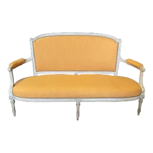 19th Century Louis XVI Painted Carved Wood & Silk Sofa