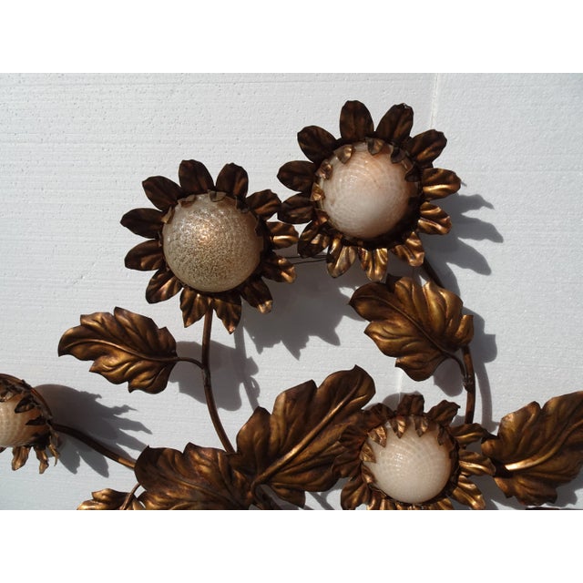 Gold Large 1960's Hollywood Regency Wall Light Gilt Gold Tole Five Arm Sunflower Made Italy For Sale - Image 8 of 12