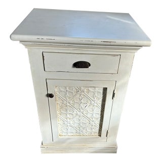 Grange White Wooden Nightstand With Embossed Cabinet Door – Shabby Chic Charm For Sale