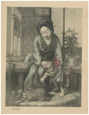 Nigita Tai, Mother, Child, and Dog Scene, 1880s, Lithograph on Paper