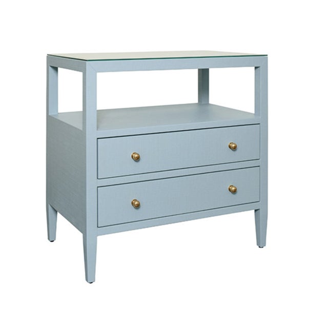 Contemporary Matthew Izzo Home Douglas Textured Light Blue Linen Two Drawer Side Table With Open Shelf and Polished Brass Knobs For Sale - Image 3 of 8