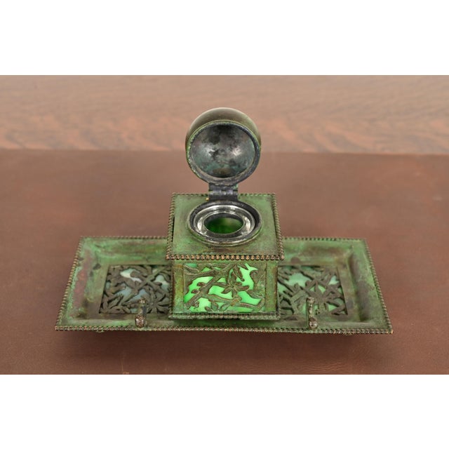 Green Apollo Studios New York Arts & Crafts Grapevine Pattern Bronze and Slag Glass Inkwell With Pen Holder For Sale - Image 8 of 14