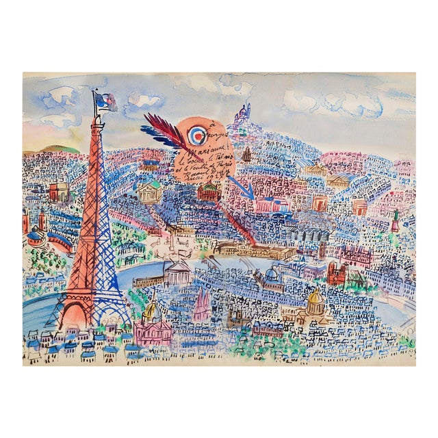 Vintage Paris Wall Art Print – Eiffel Tower & French Cityscape by Raoul Dufy, 32" X 24" For Sale