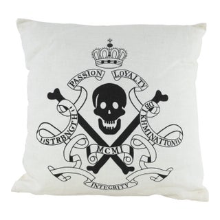 Vintage-Inspired Skull and Crossbones Pillow With Crowned Emblem For Sale