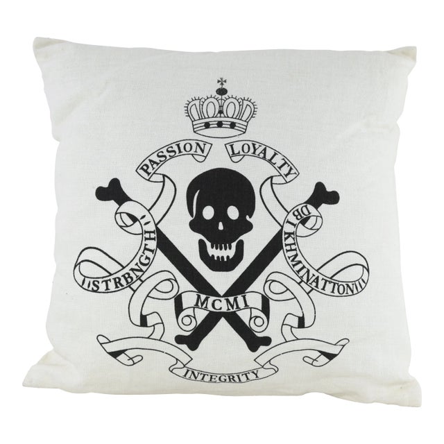 Vintage-Inspired Skull and Crossbones Pillow With Crowned Emblem For Sale
