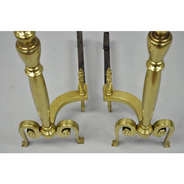 Metal Mid 20th Century French Art Nouveau Style Brass Urn Finial Fireplace Andirons - A Pair For Sale - Image 7 of 11