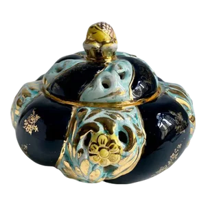 1930s Cardel Pireced Aqua & Black Lobed Lidded Art Pottery Bowl