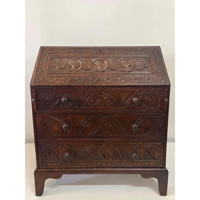 Wood English Fall-Front Secretary Desk in Carved Oak, Circa 1800 Status: For Sale - Image 7 of 9