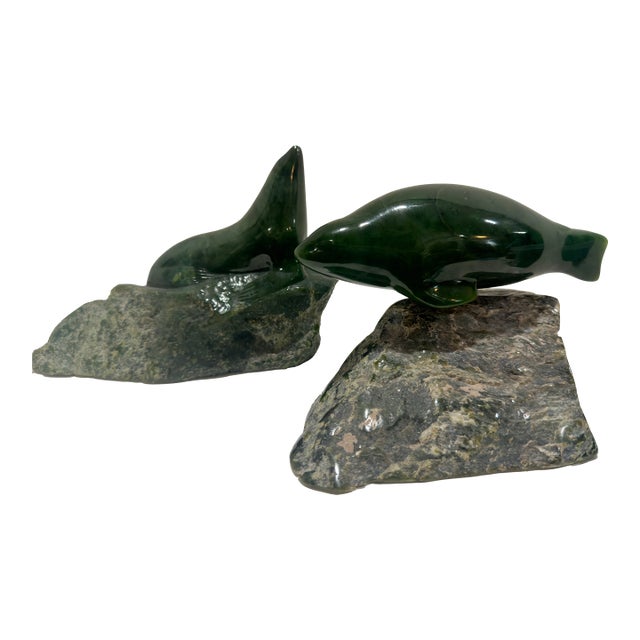Pair 1980 Canadian Nephrite Jade Marine Sculptures, Signed S. Sandburg For Sale