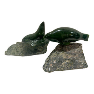 Pair 1980 Canadian Nephrite Jade Marine Sculptures, Signed S. Sandburg
