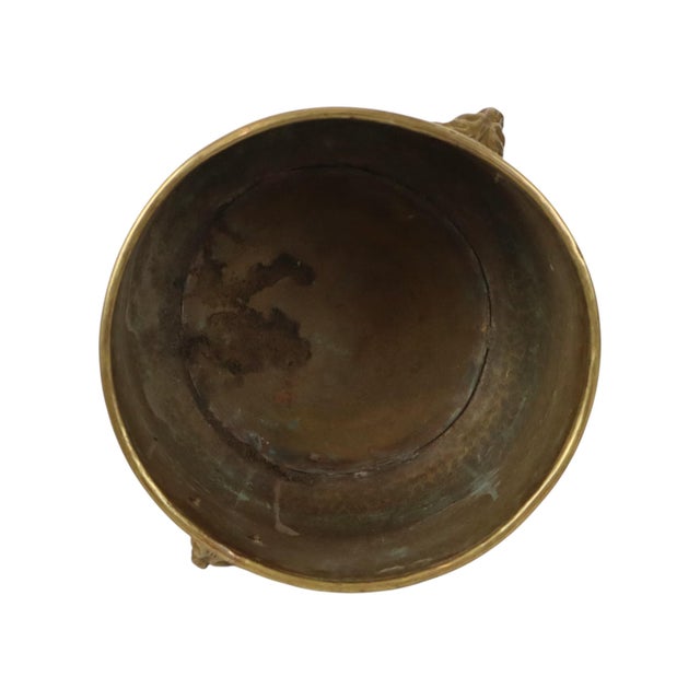 Gold Large Hammered Brass Jardinière Planter with Lion Heads For Sale - Image 8 of 16