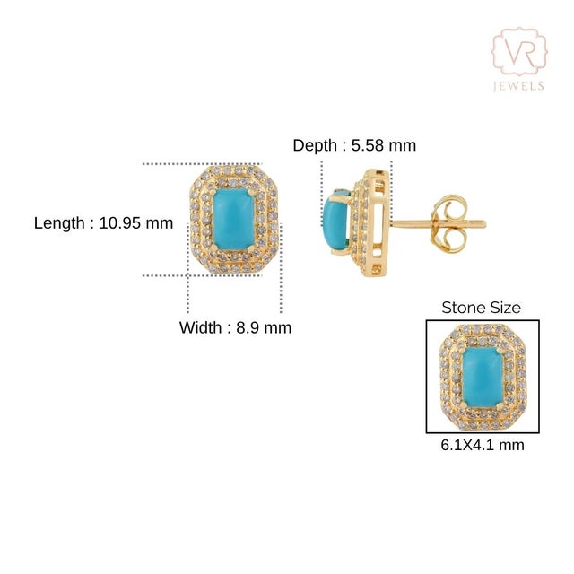 14k Yellow Gold 1.34ct Turquoise Cabochon Diamond Double Halo Stud Earrings- A Pair For Sale - Image 12 of 15