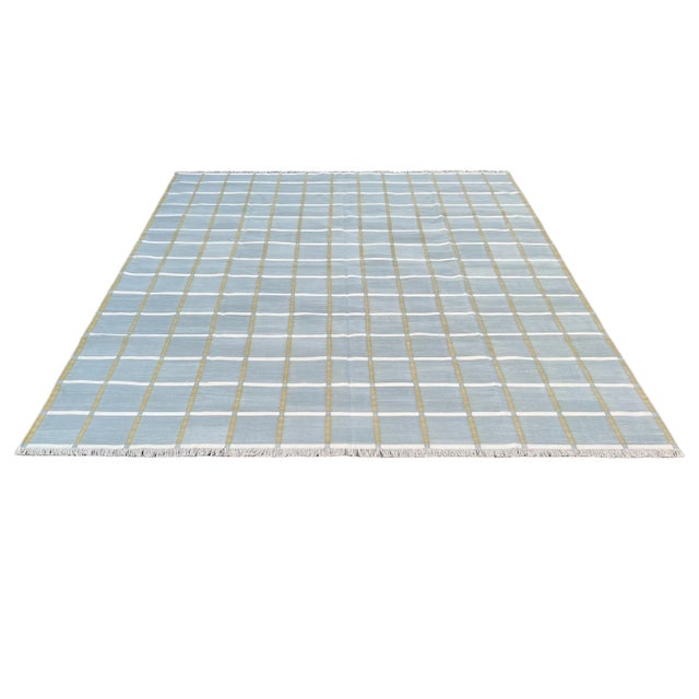 Handmade Cotton Natural Vegetable Dyed Gray, Cream & Olive Green Windowpane Rug - 9'x12' For Sale - Image 9 of 11