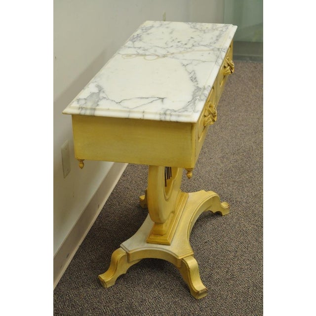 Vintage Victorian Painted Marble Top Lyre Harp Base Console Hall Entry