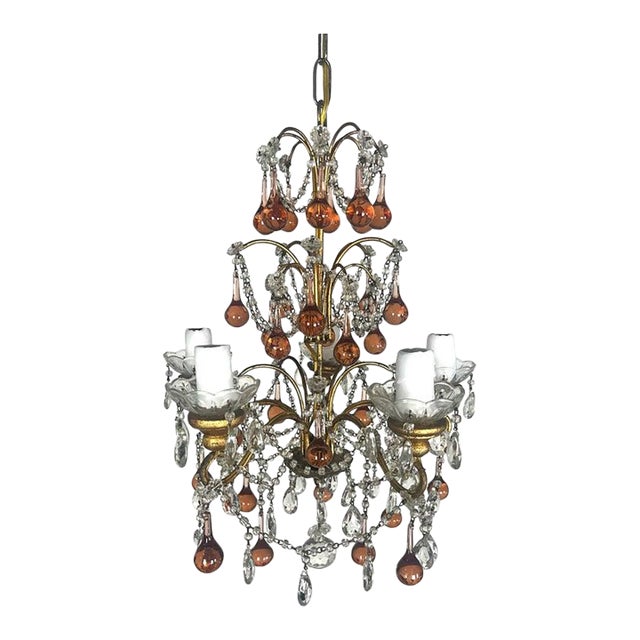 Five Light Amber Crystal Beaded Chandelier C. 1930's For Sale