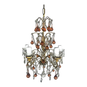 Five Light Amber Crystal Beaded Chandelier C. 1930's