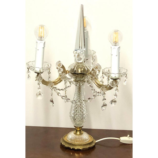 Brass and Lead Crystal 3-Light Table Lamp, 1950s For Sale - Image 4 of 4