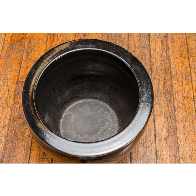 Black Glaze Circular Ceramic Planter with Tapering Lines, Vintage For Sale - Image 4 of 12