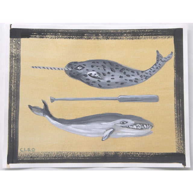 Whale Painted in gray on pale yellow background. Traditional, Minimalism, Folk Art, Pop Art, coastal, nautical. This...