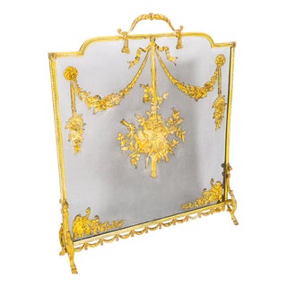 Antique French Floral and Musical Trophy Gilt Bronze Fire Screen, 1800s For Sale