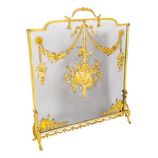 Antique French Floral and Musical Trophy Gilt Bronze Fire Screen, 1800s For Sale