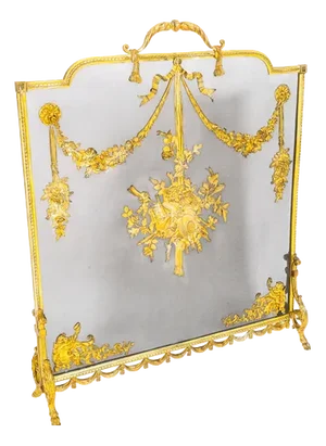 Antique French Floral and Musical Trophy Gilt Bronze Fire Screen, 1800s