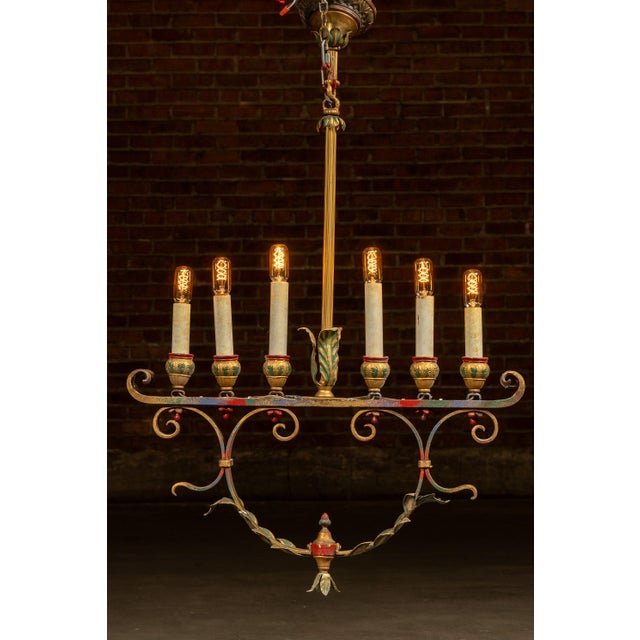 Mediterranean Early 20th Century Mediterranean Revival Wrought Iron and Tole Chandelier For Sale - Image 3 of 10