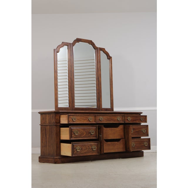 Thomasville Thomasville Oak Long Dresser W. Trifold Mirror For Sale - Image 4 of 18