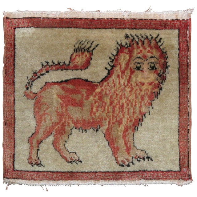 Early 20th Century Lion Khotan Antique Rug Mat For Sale - Image 5 of 18