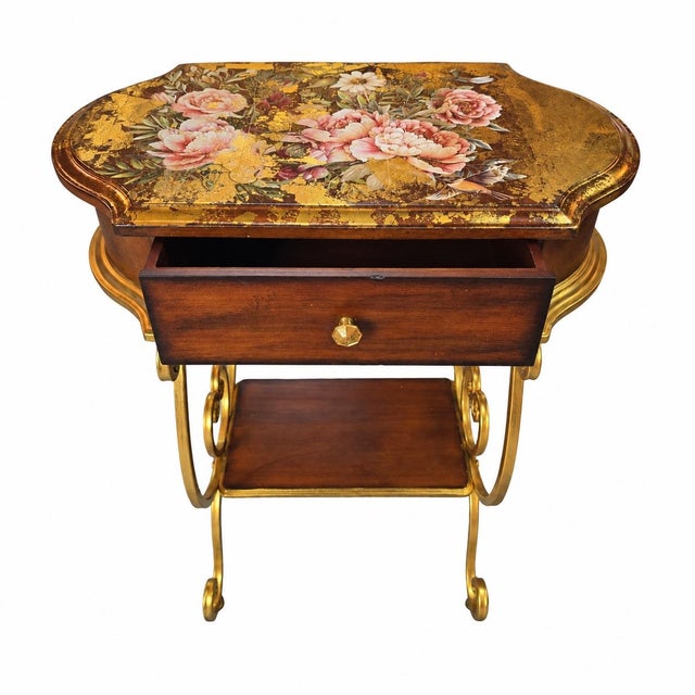 A truly one-of-a-kind vintage accent table transformed into a statement piece through an extensive hand-applied decorative...