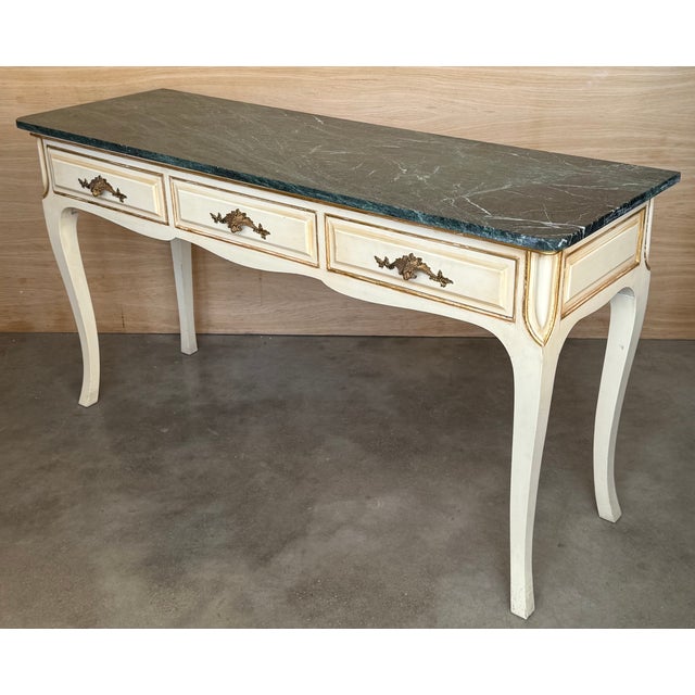 20th Century French White Painted Table Console With Green Marble Top For Sale - Image 9 of 16